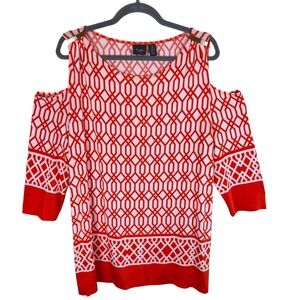 Chico's Travelers Orange White Cold Shoulder 3/4 Sleeve Blouse Resort Wear XL‎